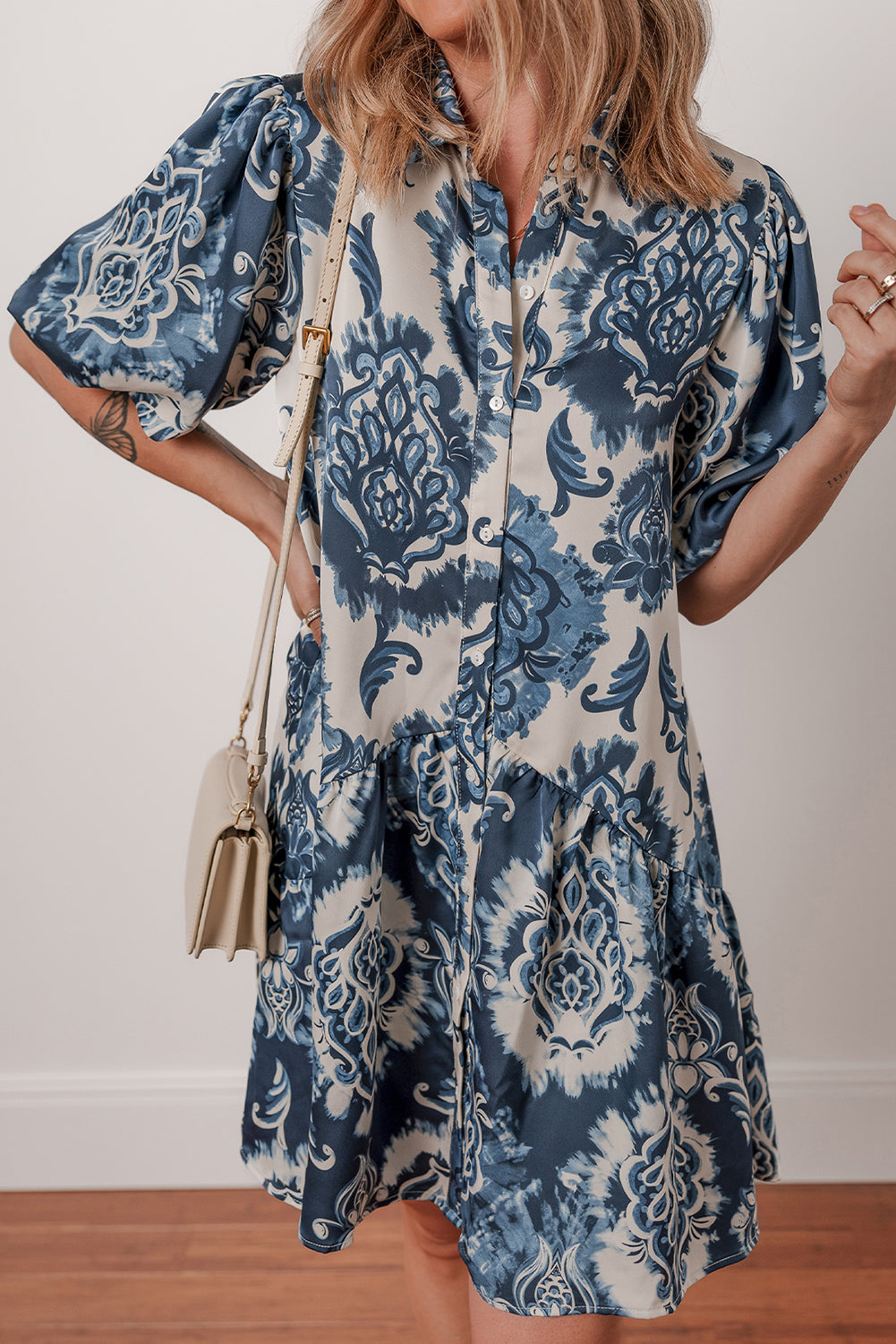 Blue Boho Floral Print Buttoned Collared Loose Fit Mini Dress