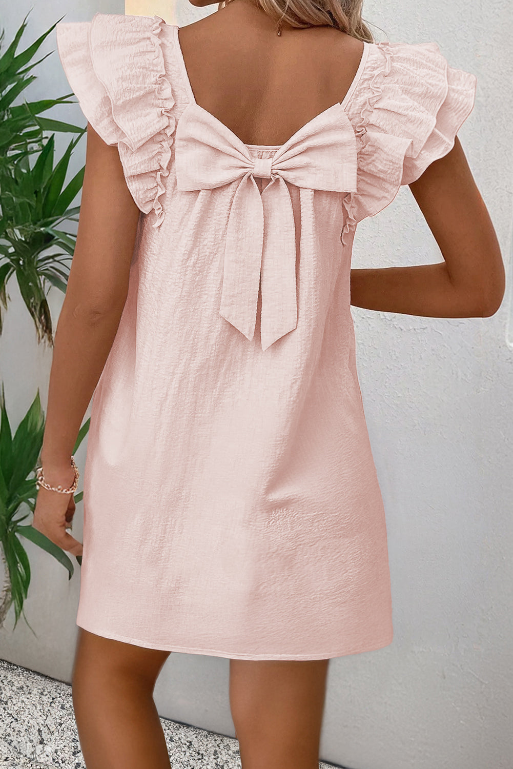 Light Pink Textured Flutter Sleeve Square Neck Bow Back Mini Dress