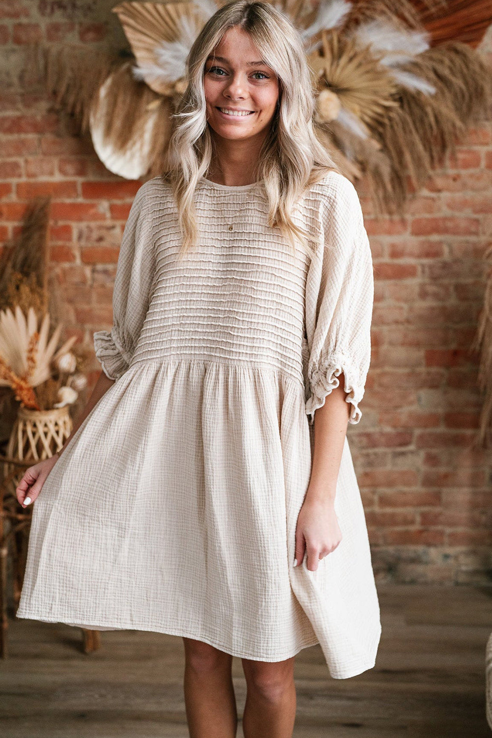 White Textured Ruffled Puff Sleeve Loose Dress