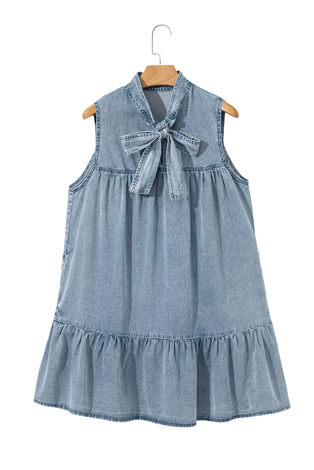 Real Teal Bowknot Neck Sleeveless Ruffled Chambray Dress