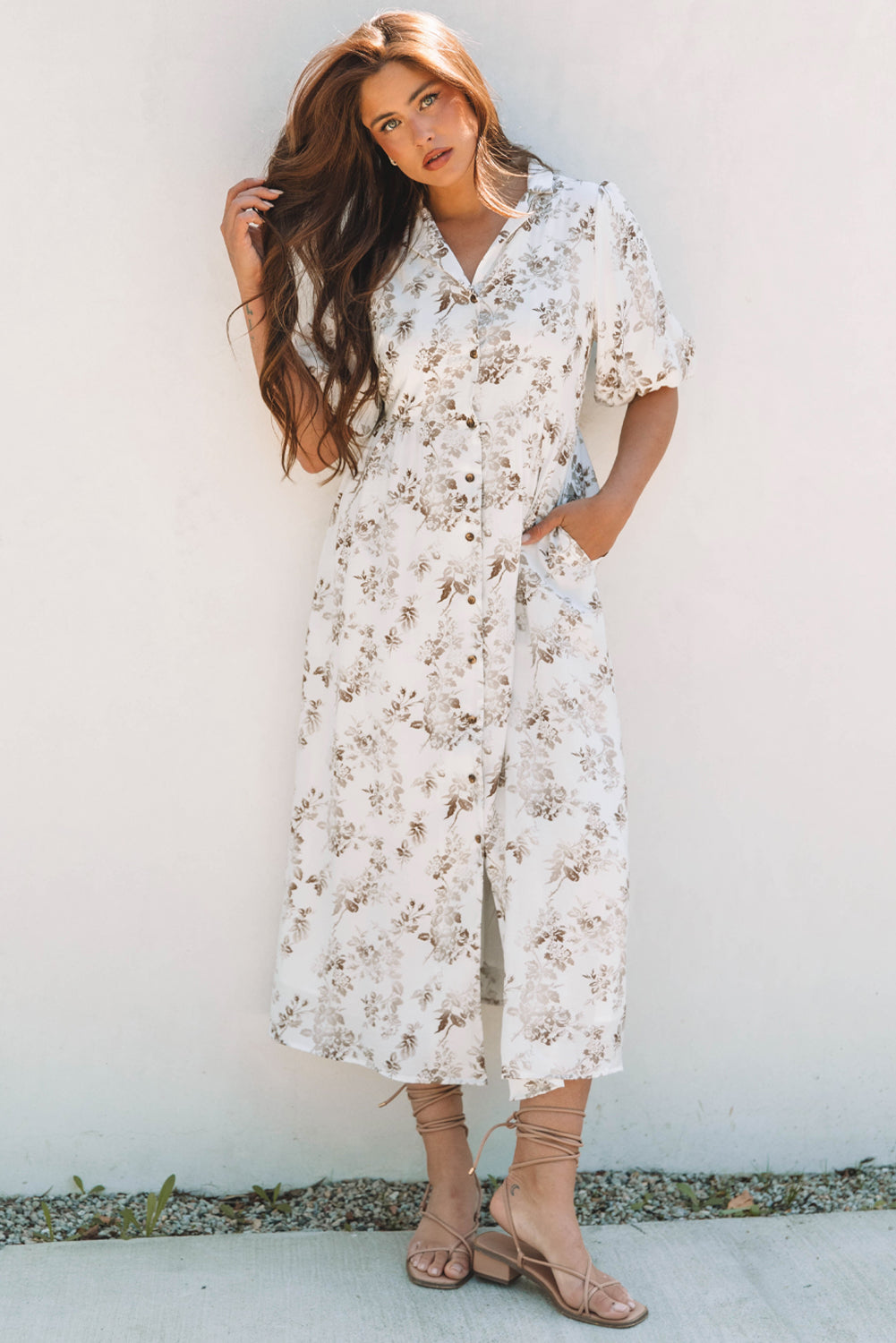 Khaki Floral Puff Sleeve V Neck Buttoned Front Maxi Dress