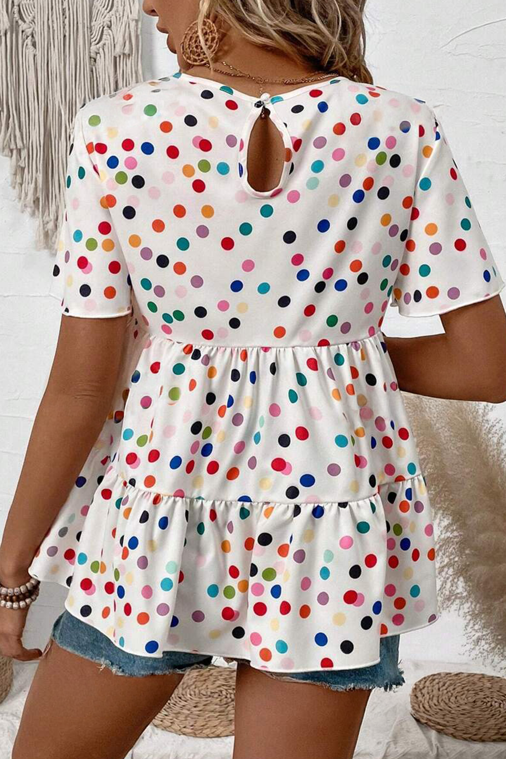 White Colorful Polka Dot Short Sleeve Tiered Ruffled Babydoll Blouse