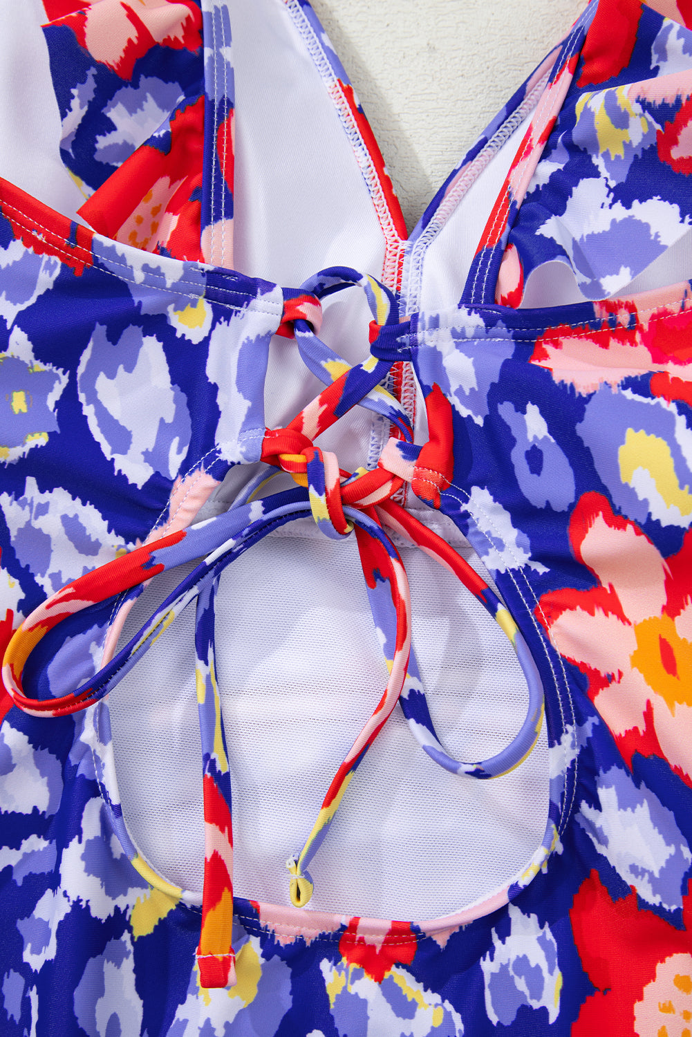 Blue Floral Ruffle Trim V Neck Lace-up Back Tummy Control One Piece Swimsuit