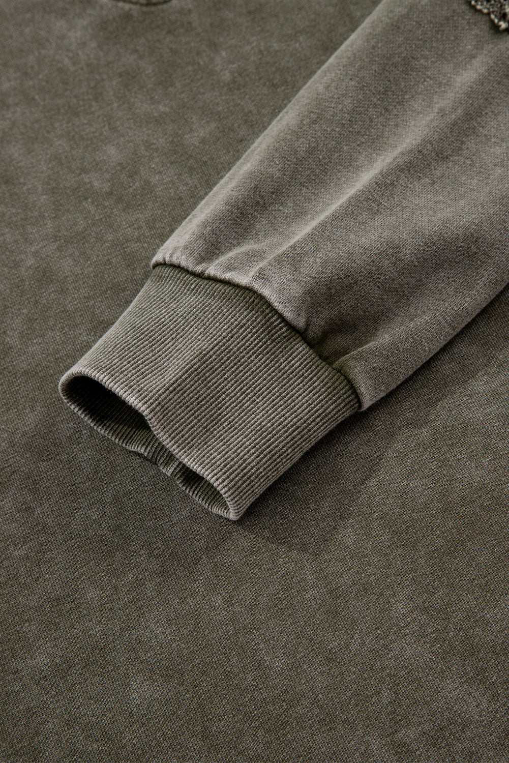 Jungle Green Lace Patchwork Detail Notched Neck Mineral Wash Baggy Sweatshirt