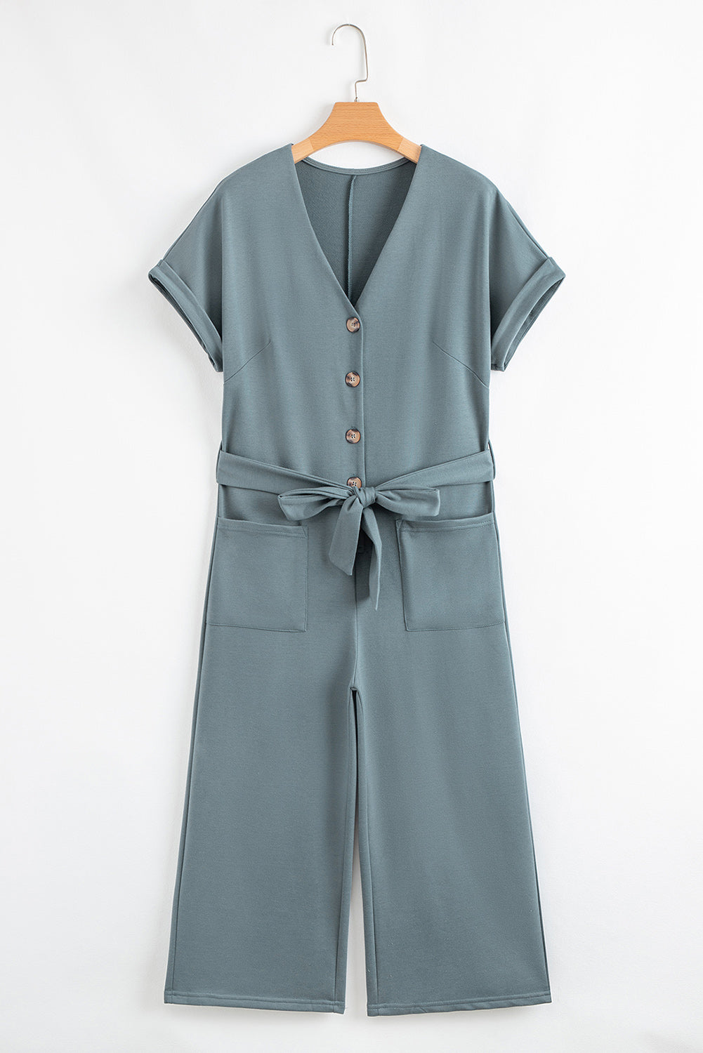 Black Dolman Button Belted V Neck Wide Leg Pocketed Jumpsuit