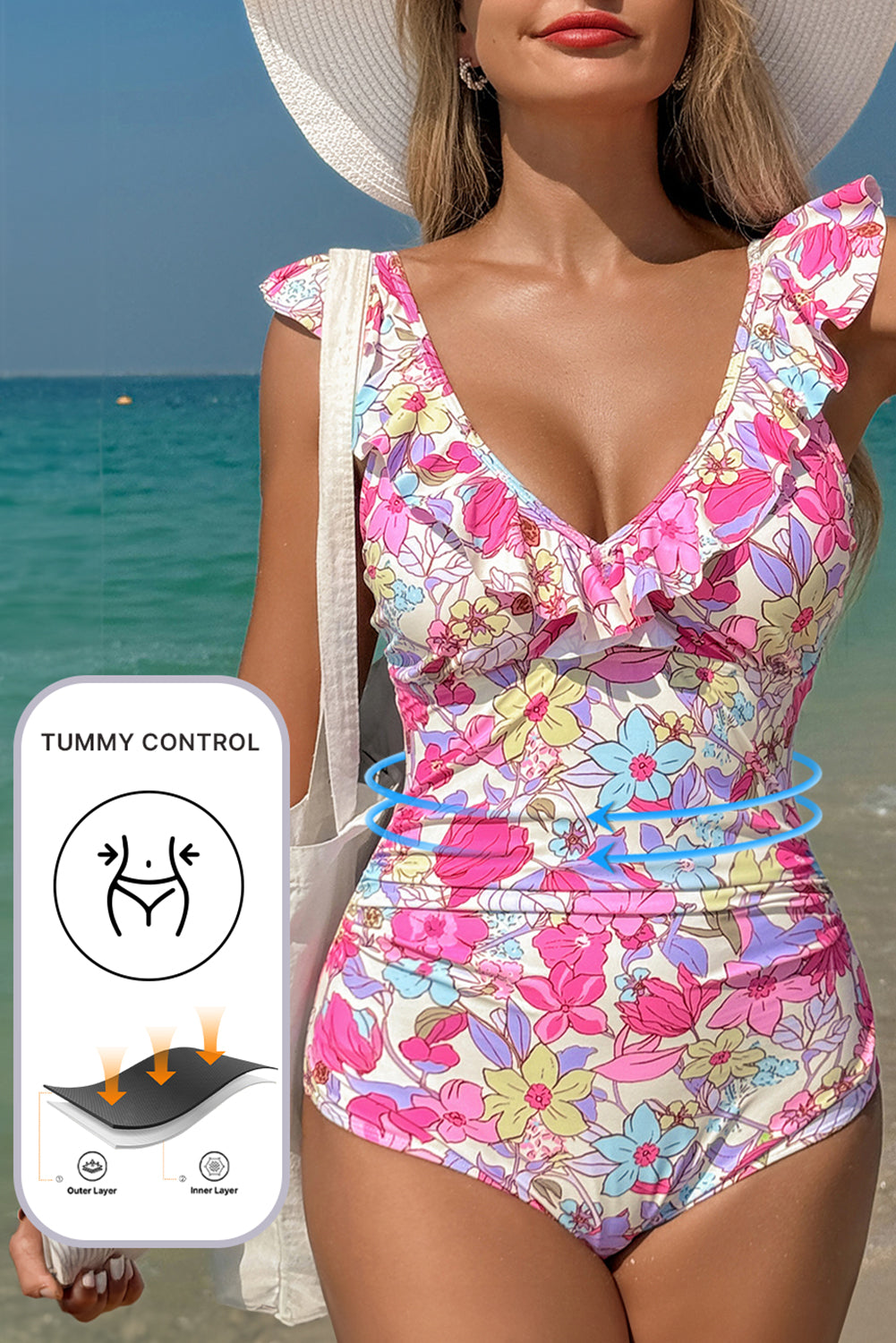 Blue Floral Ruffle Trim V Neck Lace-up Back Tummy Control One Piece Swimsuit