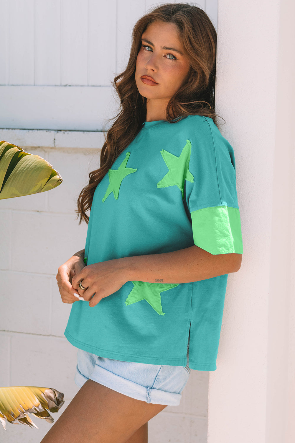 Myosotis Frayed Denim Star Patched Oversize T Shirt