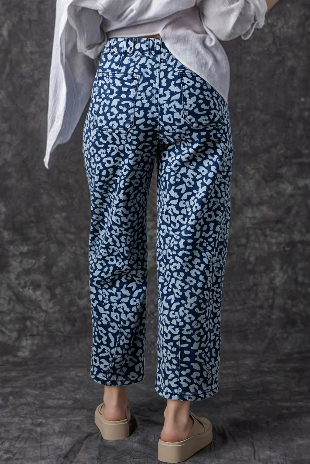 Khaki Leopard Printed Drawstring Waist Pocketed Wide Leg Jeans