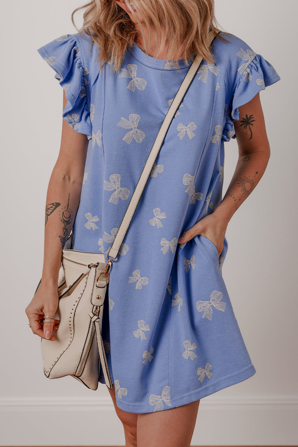 Sky Blue Bow Knot Print Crewneck Ruffled Sleeve Shift Mini Dress