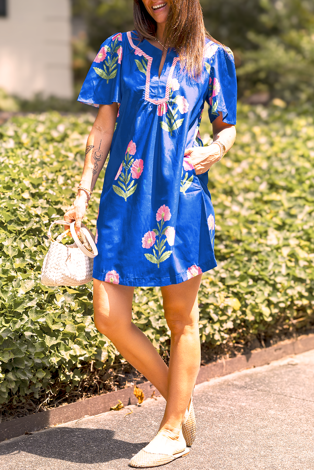 Rose Floral Short Sleeve Split Neck Loose Mini Dress
