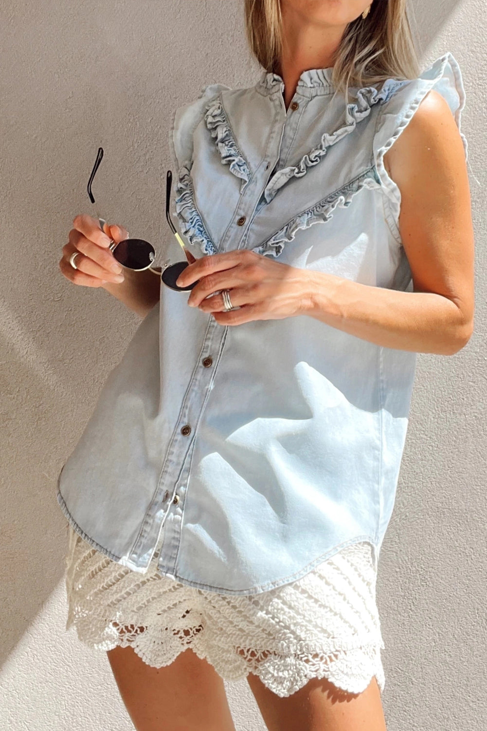 Sky Blue Mineral Wash Cap Sleeve Frilled Button Up Denim Shirt