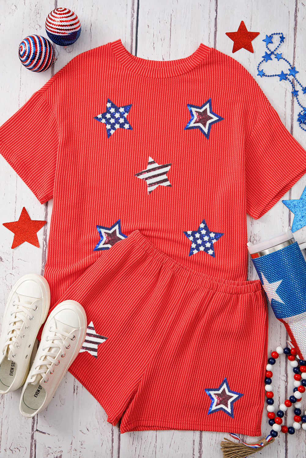 Orange Sequin USA Flag Star Graphic Corded T Shirt and Shorts Set
