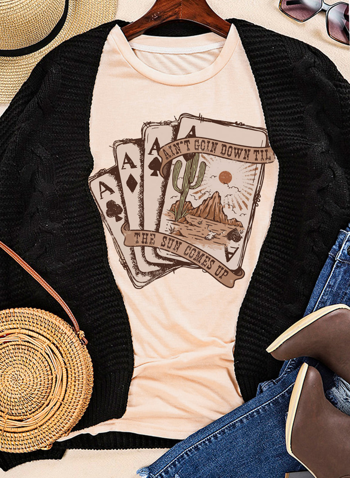 Khaki Western Poker Cards Graphic T Shirt