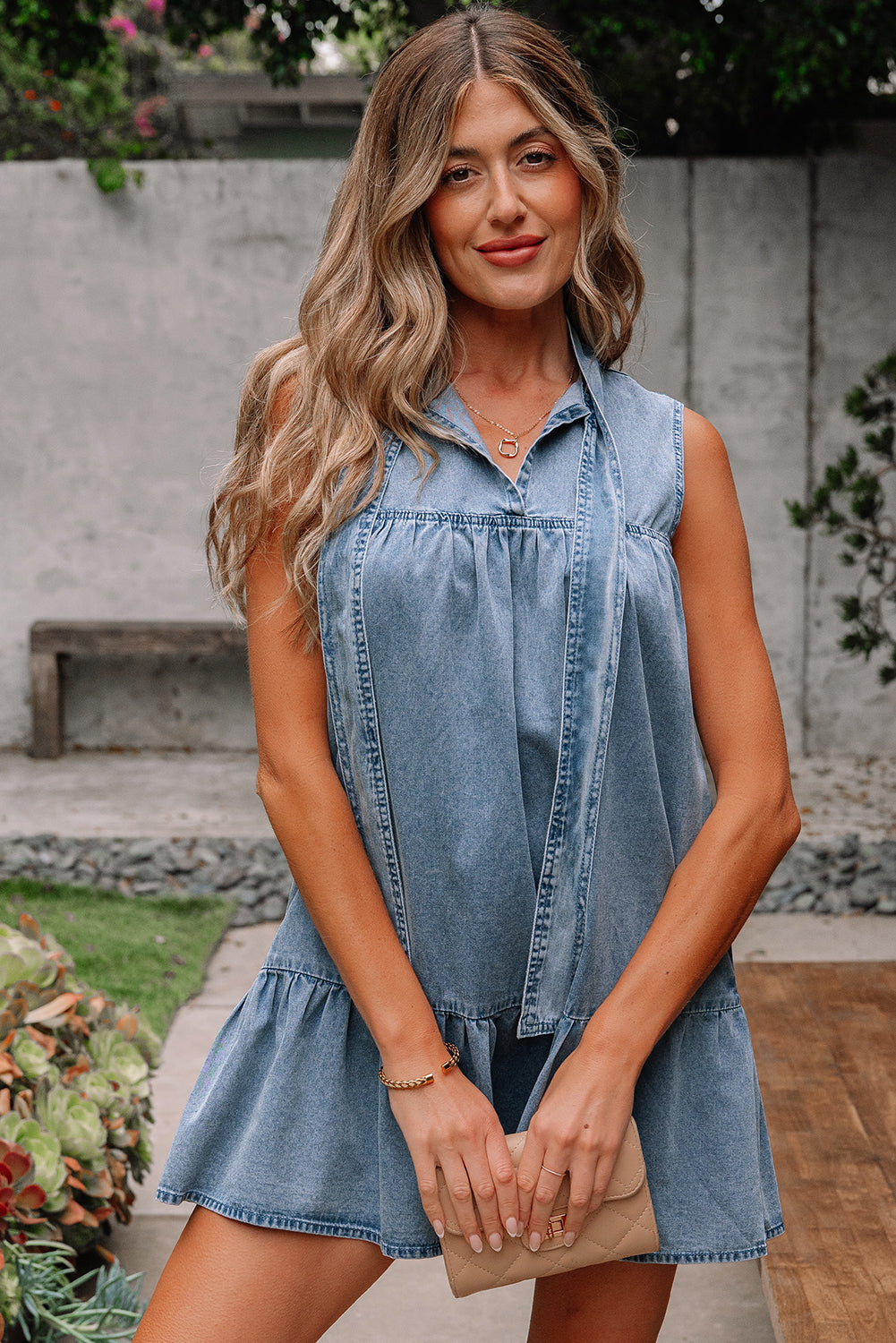 Real Teal Bowknot Neck Sleeveless Ruffled Chambray Dress