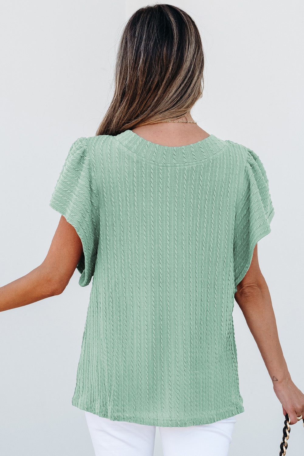Sleet Solid Color Textured Flutter Sleeve Top