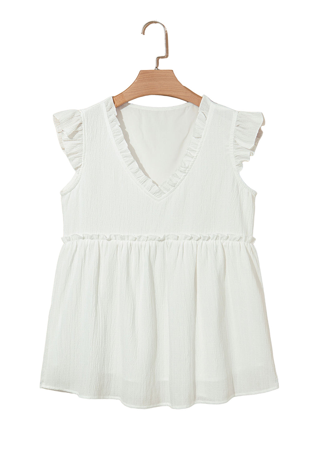 White Textured Ruffled Trim V Neck Flutter Flowy Top
