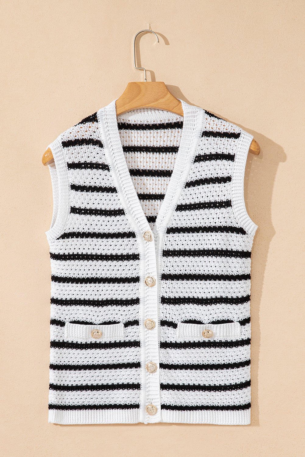 Black Stripe V Neck Gold Buttons Elegant Sweater Vest