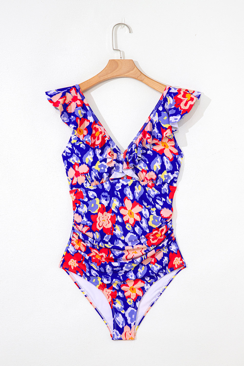 Blue Floral Ruffle Trim V Neck Lace-up Back Tummy Control One Piece Swimsuit