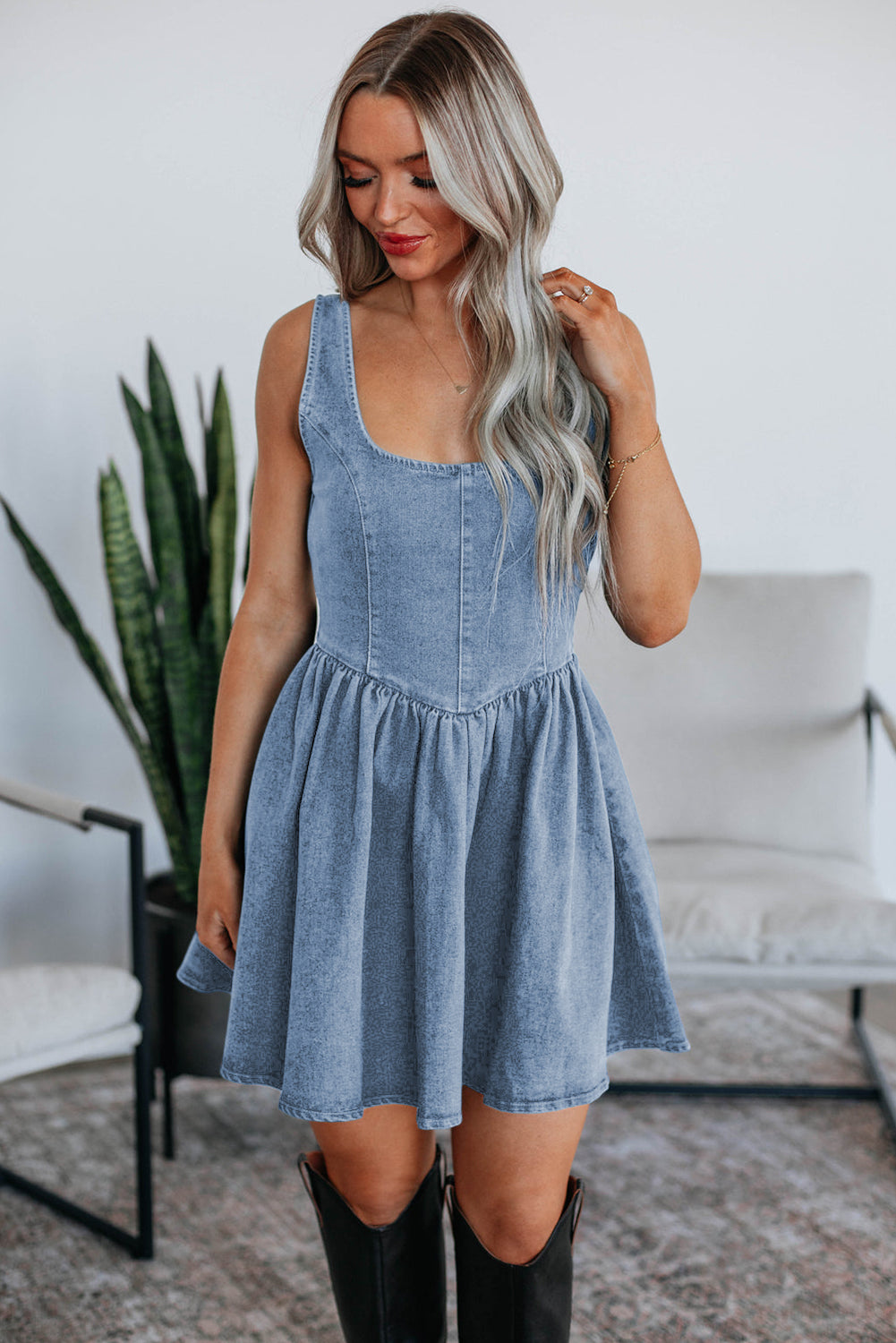 Sail Blue Square Neck Bowknot A-line Sleeveless Denim Dress