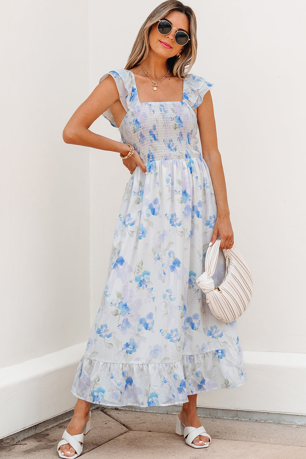 Sky Blue Floral Smocked High Waist Double Ruffle Sleeveless Long Dress
