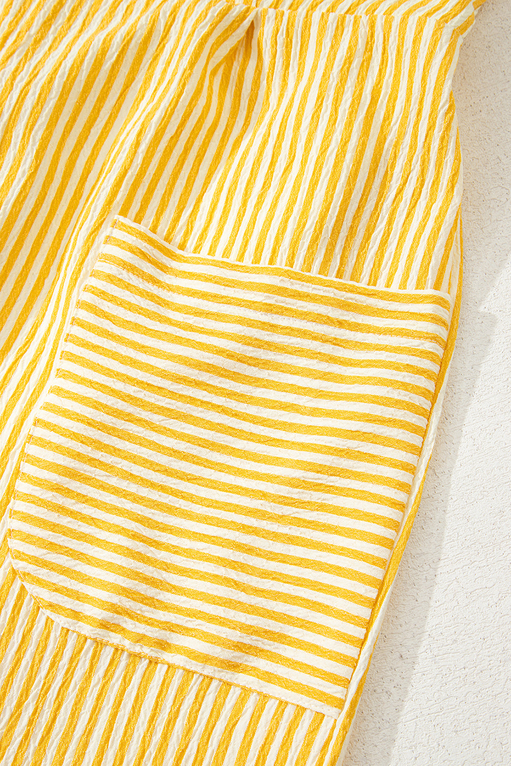 Yellow Stripe Shoulder Tie Smocked Back Wide Leg Casual Romper