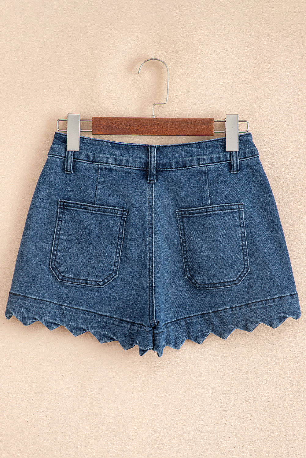 White Scalloped Hemline Acid Wash High Waist Denim Shorts
