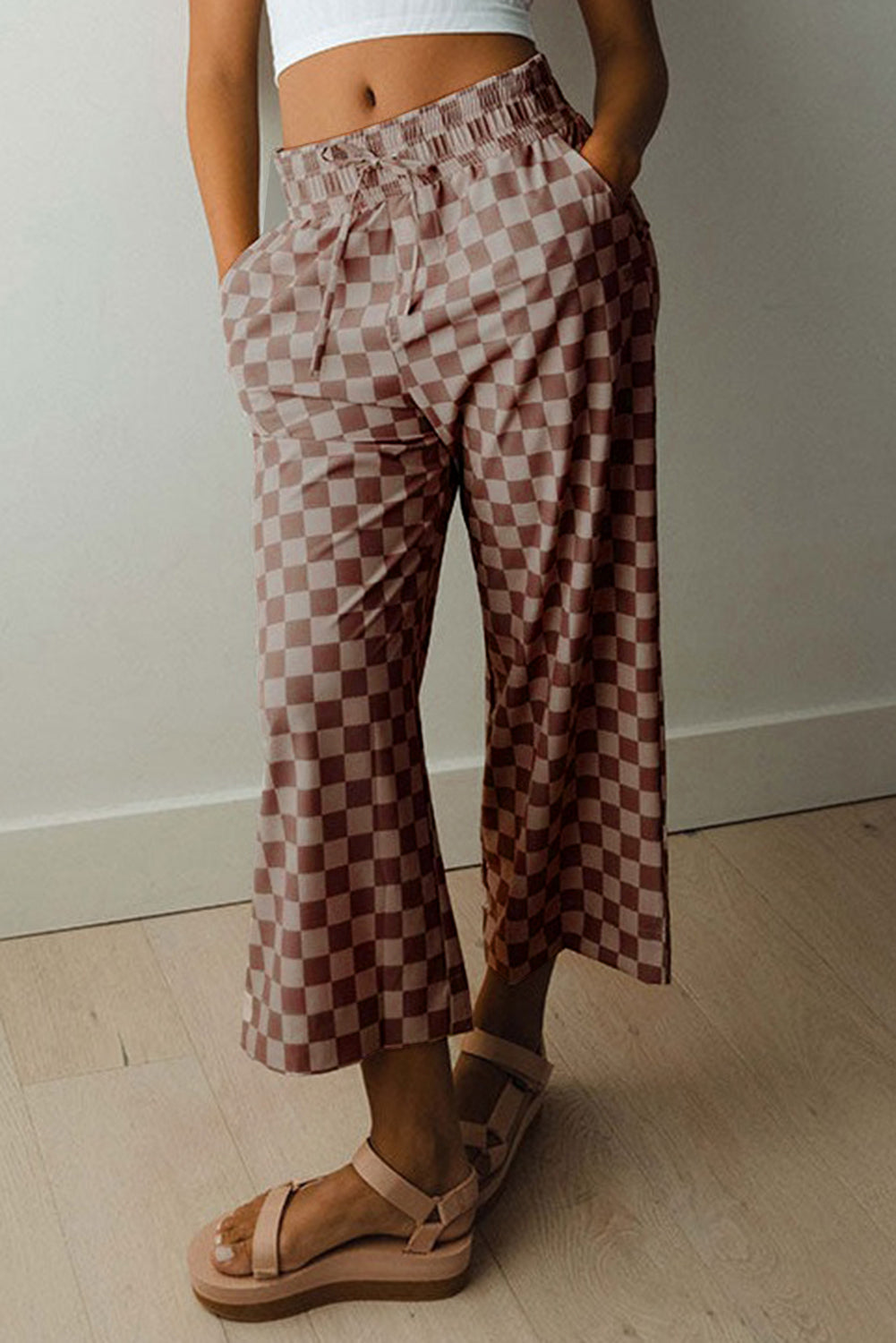 Sky Blue Checkered Elastic High Waist Loose Casual Pants