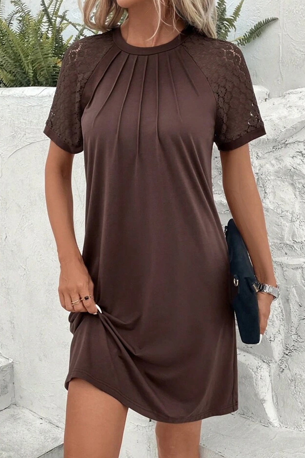 Dark Brown Contrast Lace Raglan Sleeve Pleated Detail Shift Dress