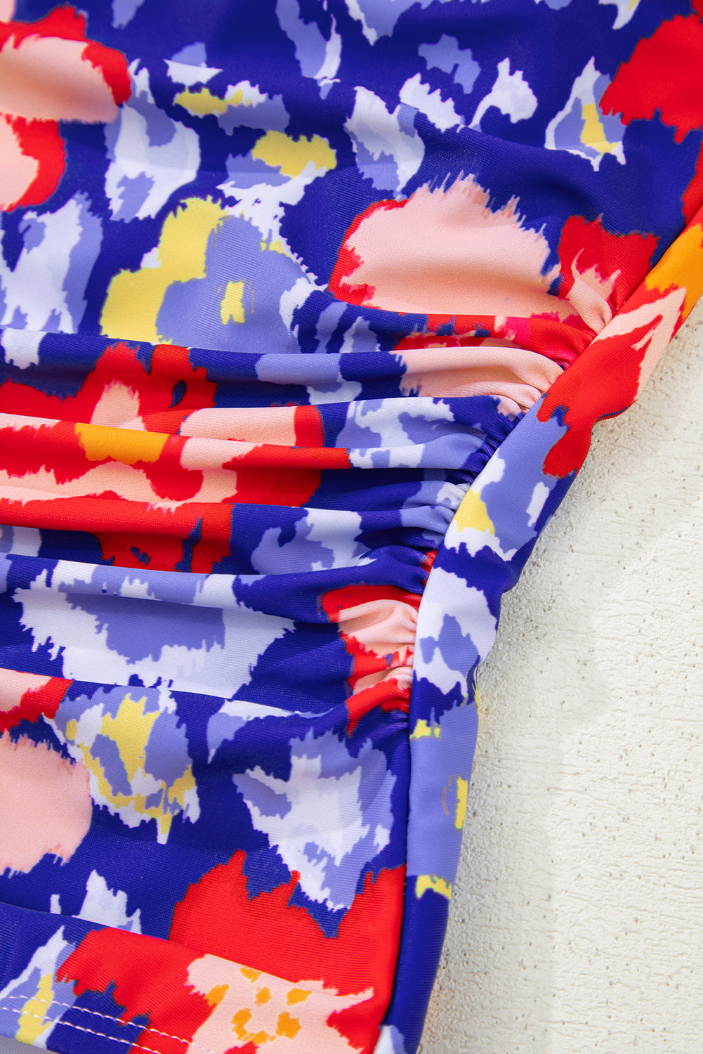 Blue Floral Ruffle Trim V Neck Lace-up Back Tummy Control One Piece Swimsuit