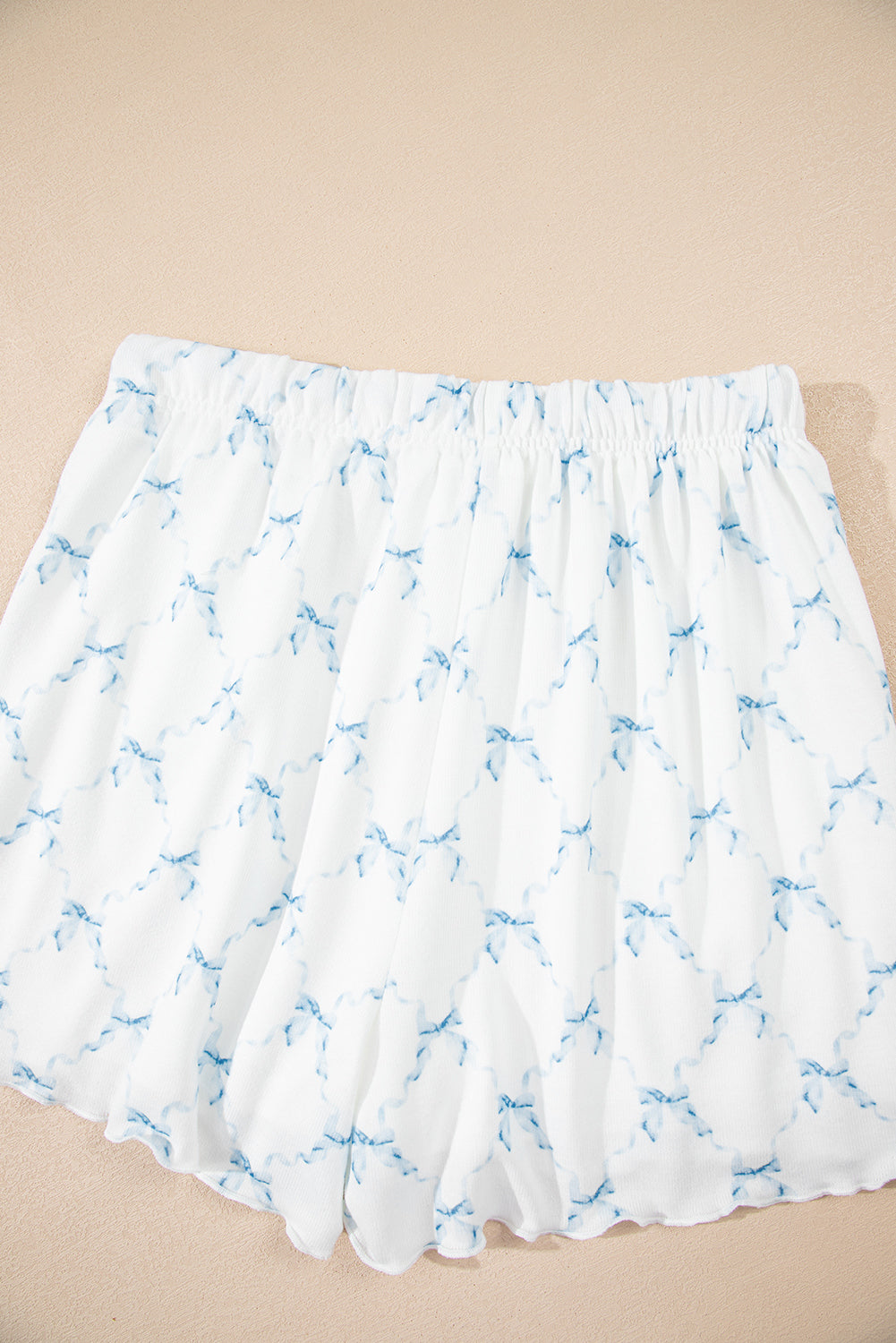 Sky Blue Bow Knot Geometric Print Lettuce Trim Two Piece Lounge Set