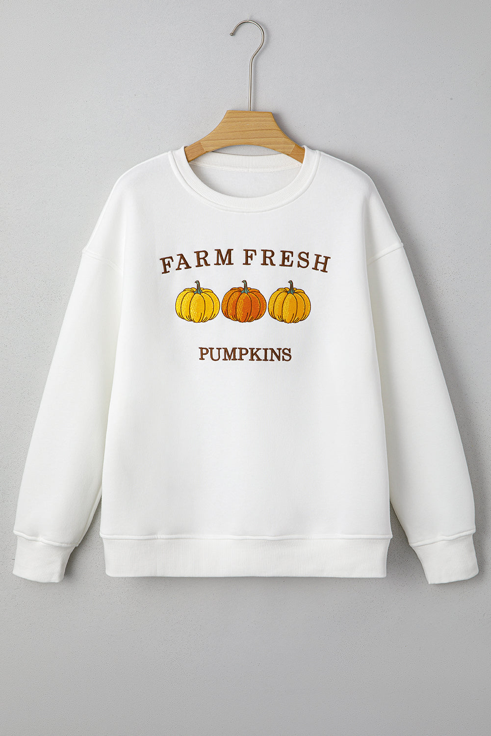 White FARM FRESH PUMPKINS Embroidered Graphic Thanksgiving Holiday Sweatshirt