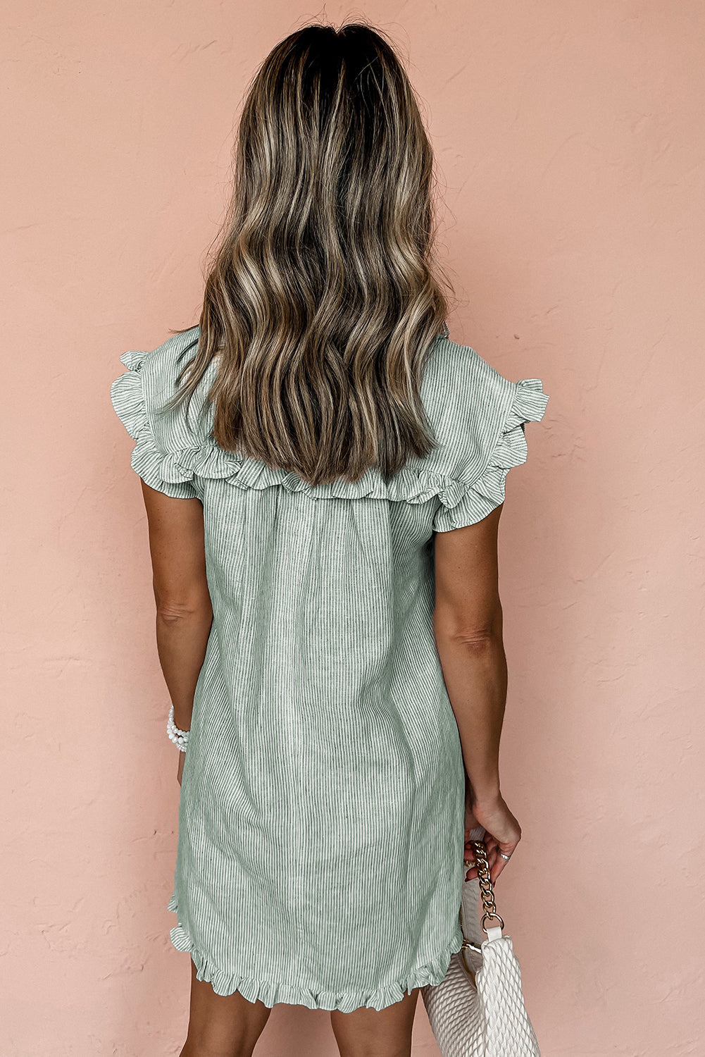 Blue Stripe Frilled Sleeveless Collar Front Pocket Button Up Mini Dress