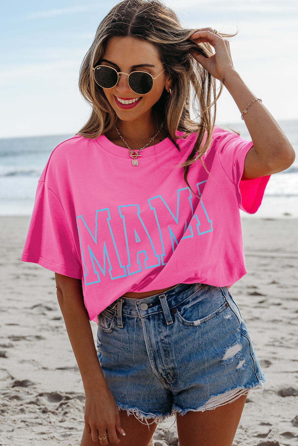 Black MAMA Letter Graphic Neon T Shirt