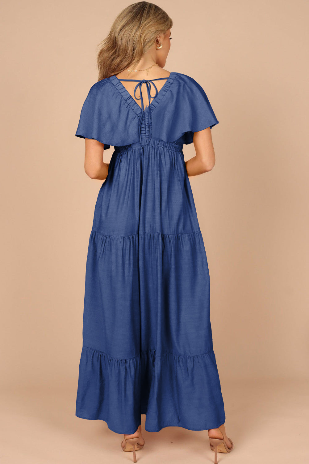 Green Textured V Neck Flutter Sleeve Ruffled Maxi Dress