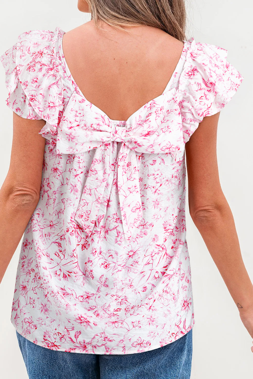 Pink Floral Ruffled Short Sleeve Bow Back Square Neck Blouse