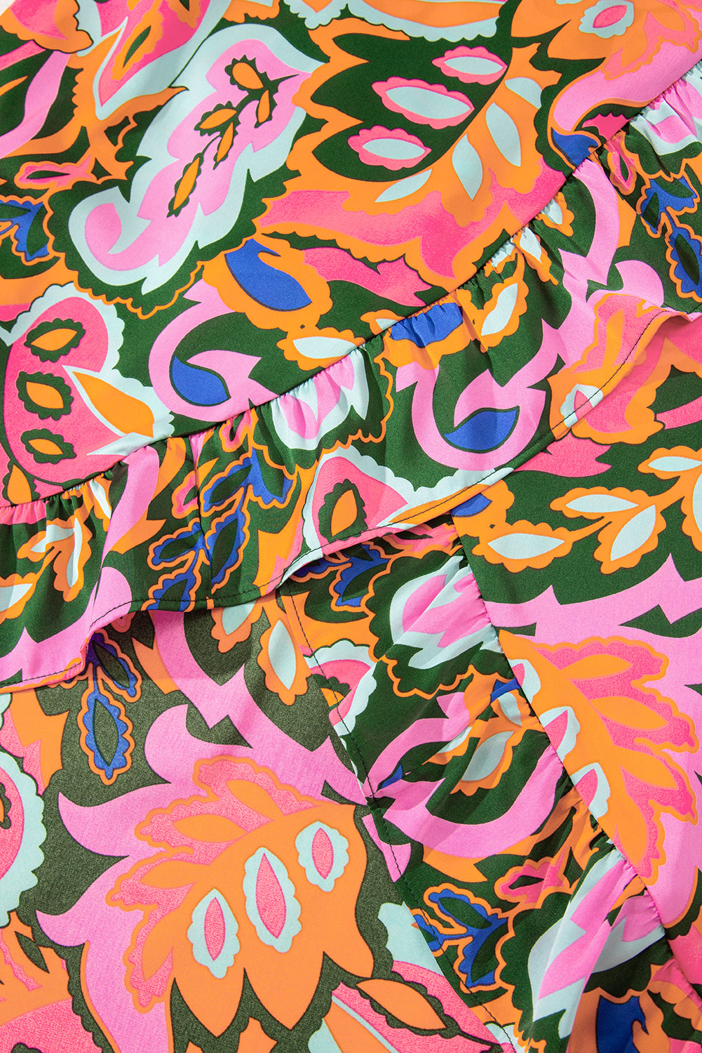 Rose Summer Plant Print Surpliced V Neck Ruffled Asymmetric Slit Wide Short Sleeve Maxi Dress