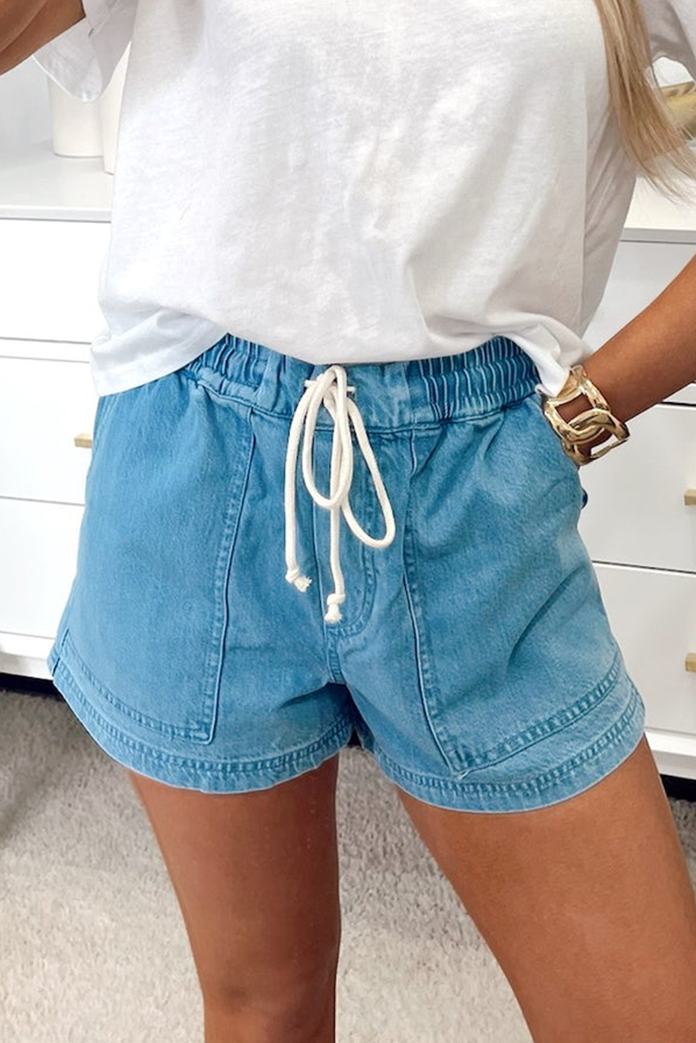 Beau Blue Contrast Drawstring Elastic Waist Denim Shorts