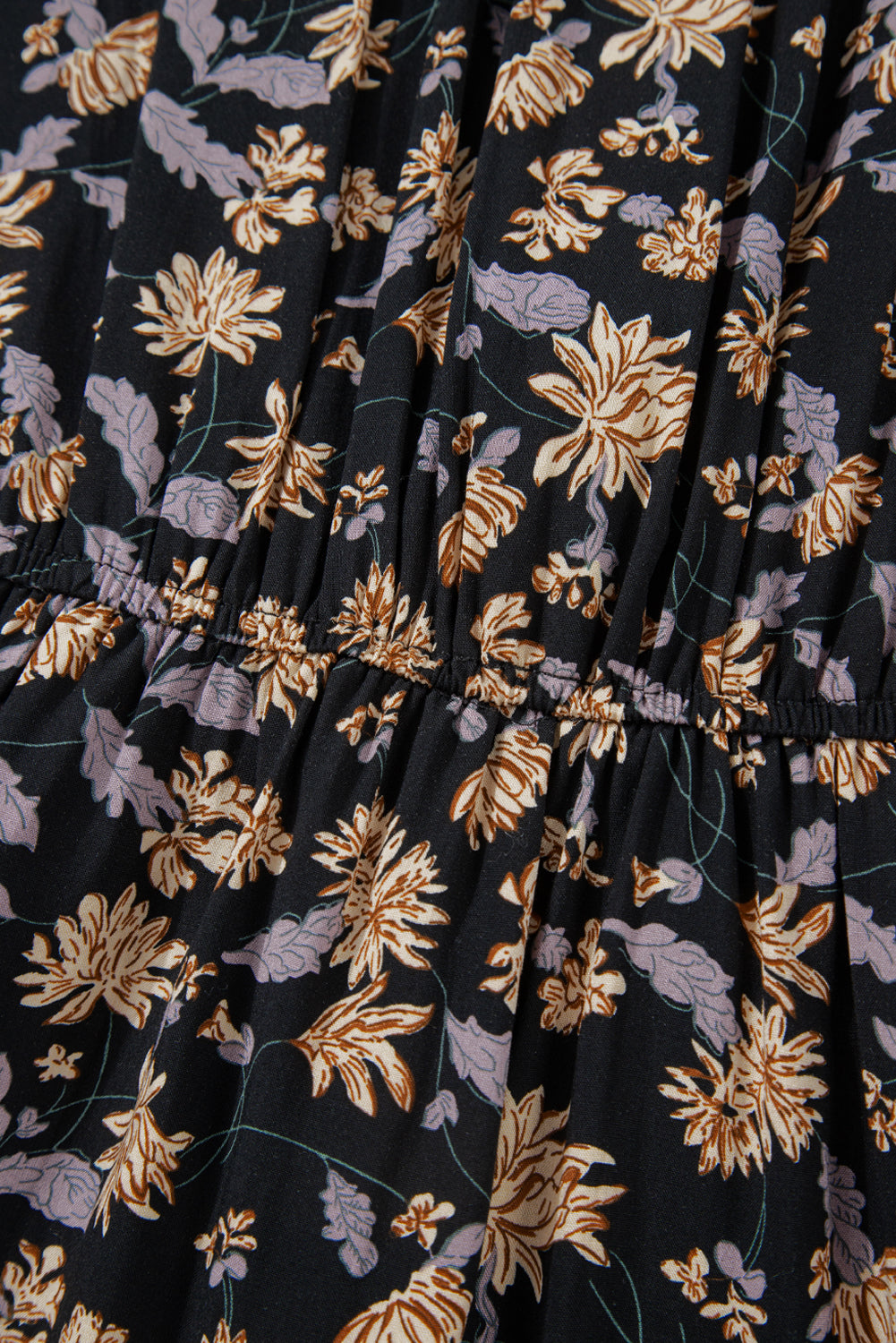 Black Floral Deep V Neck Smocked Bust Bubble Sleeve Babydoll Dress