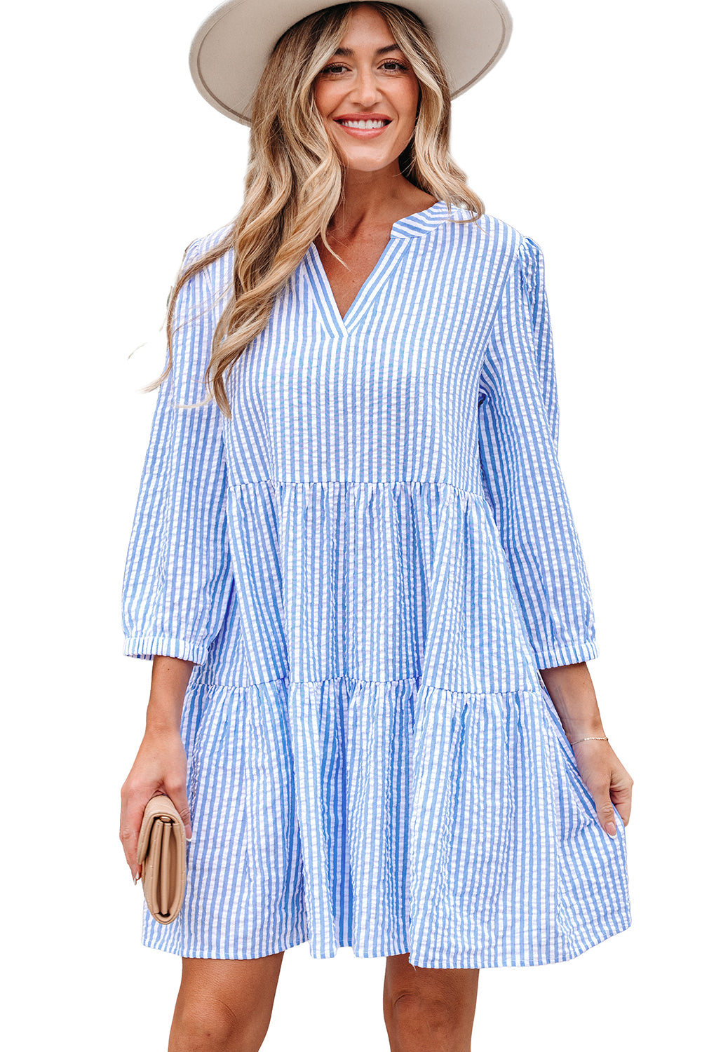 Sky Blue Stripe Bracelet Sleeve Tiered Shift Dress with Pockets
