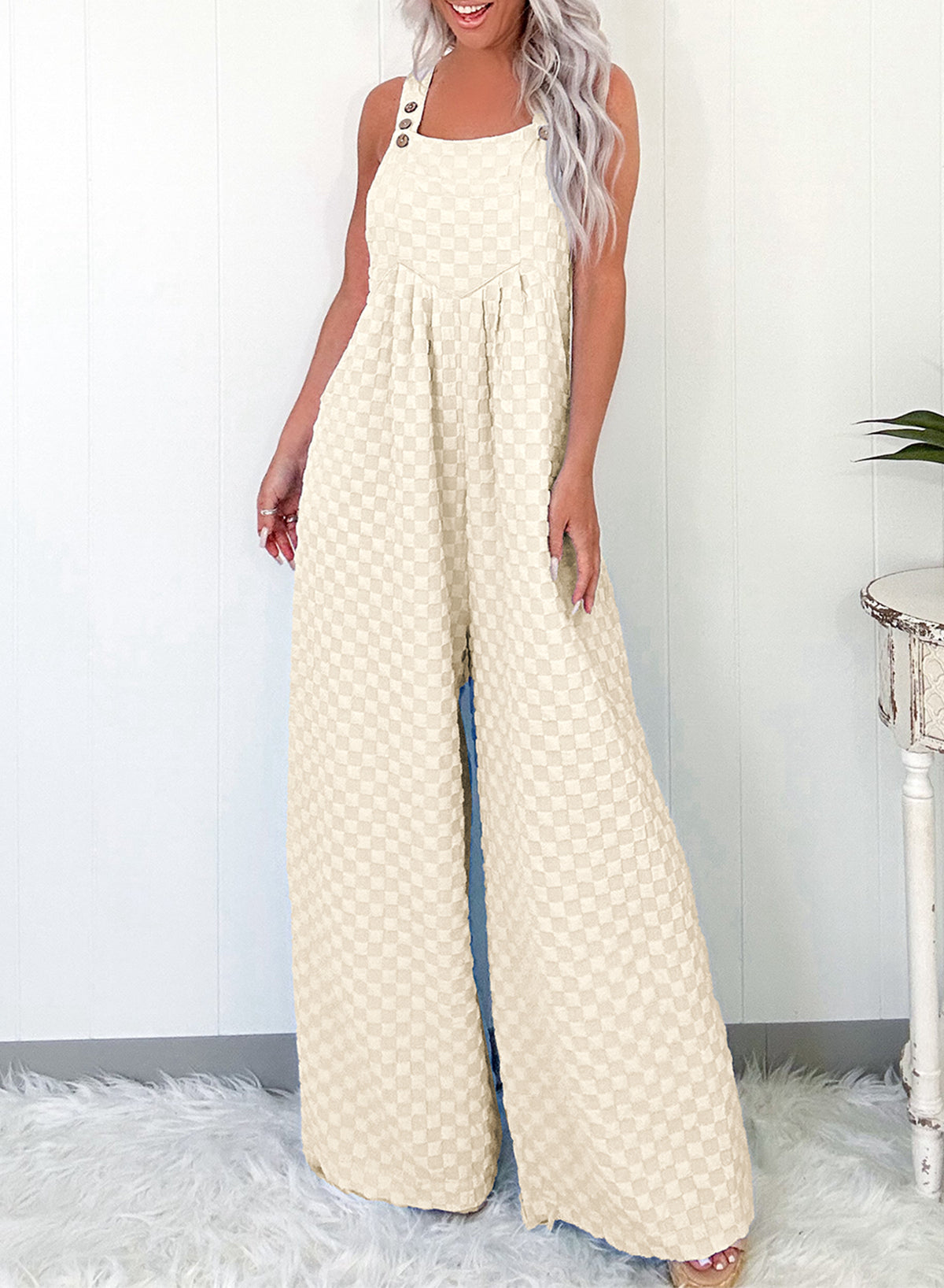 Beau Blue Checkered Pocketed High Waist Wide Leg Overall