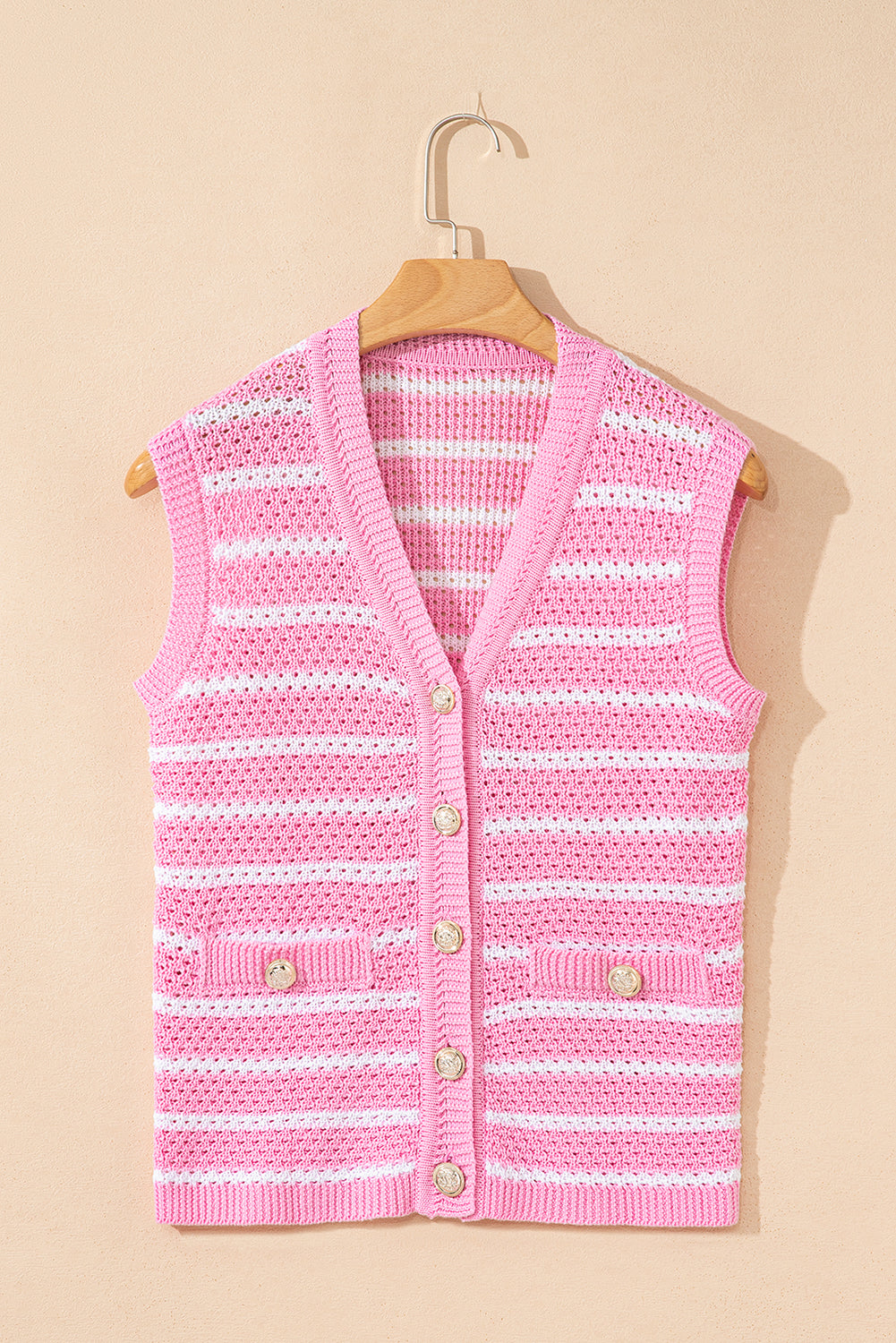 Black Stripe V Neck Gold Buttons Elegant Sweater Vest
