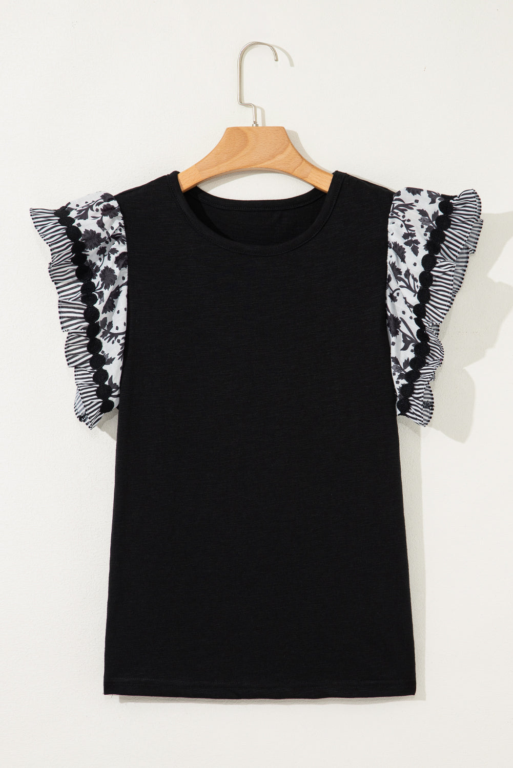 Blue Ricrac Trim Printed Flutter Sleeve Contrast Patchwork Blouse