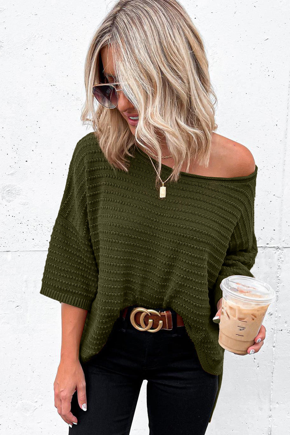 Green Textured Knit Drop Shoulder Short Sleeve Sweater