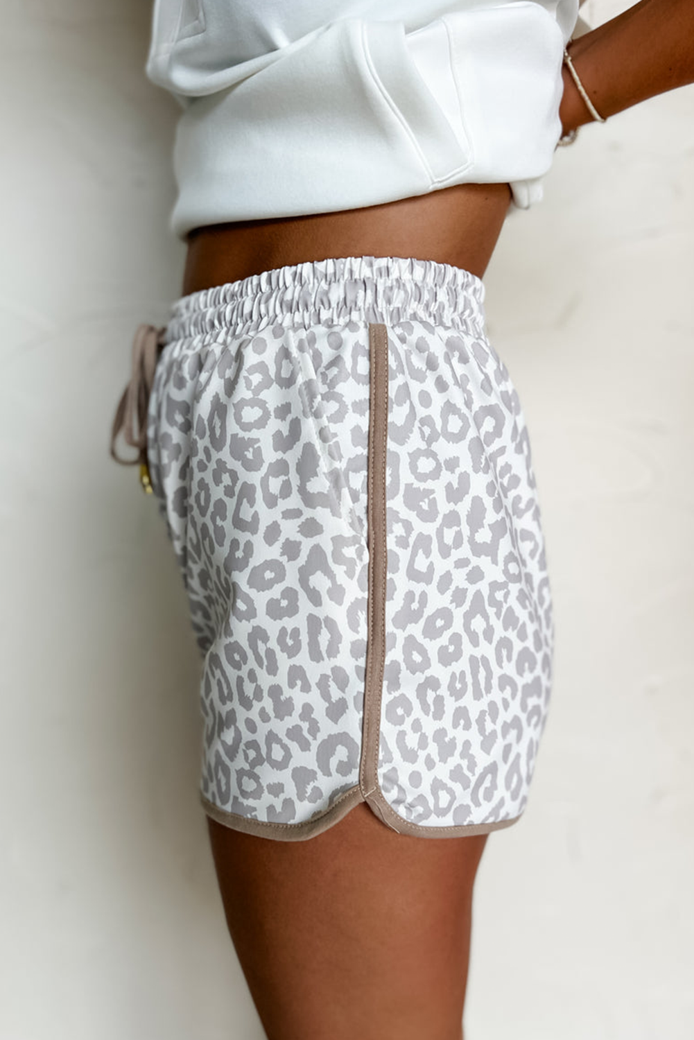 Pink Leopard Elastic Waist Lace up Contrast Trim Casual Shorts