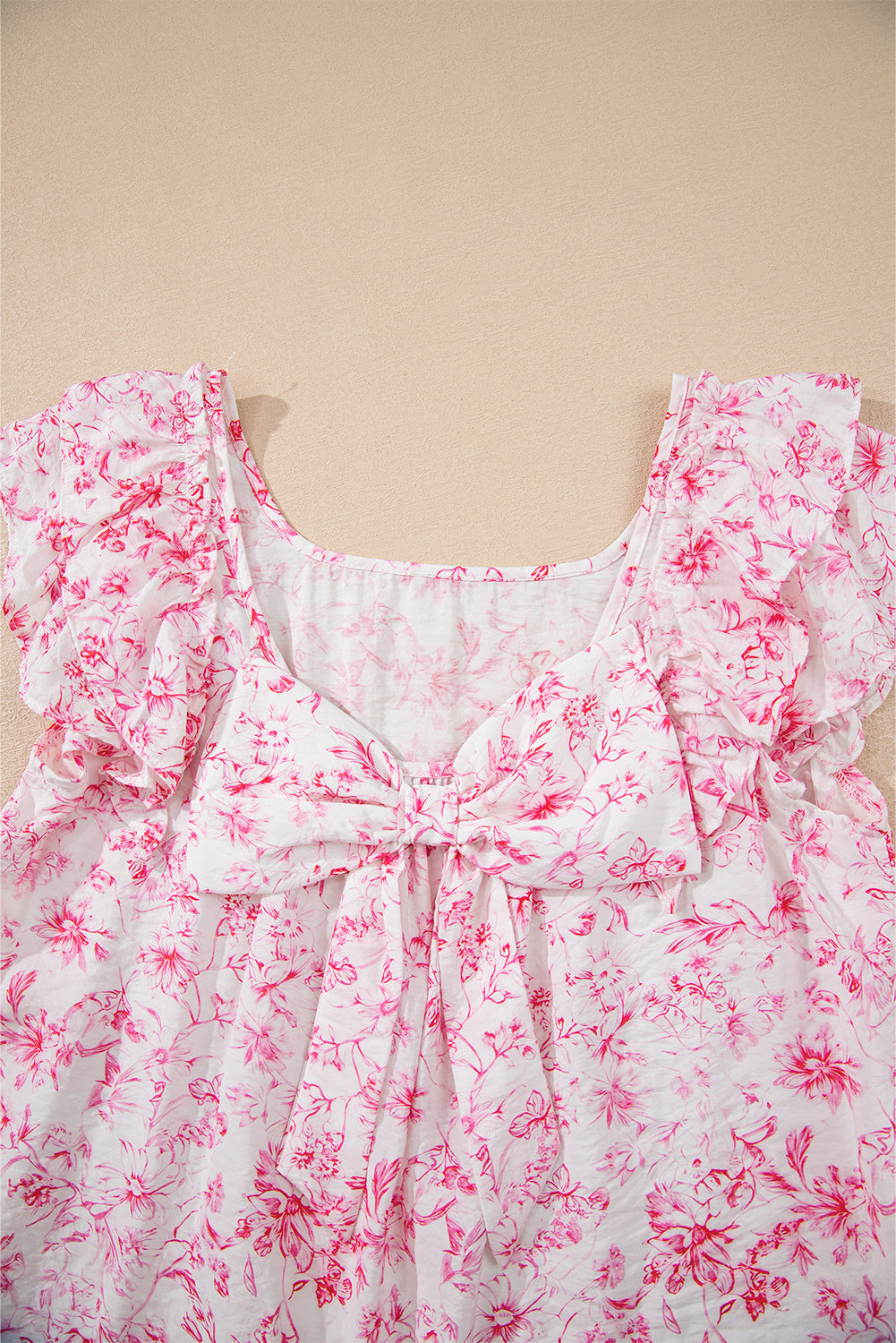 Pink Floral Ruffled Short Sleeve Bow Back Square Neck Blouse