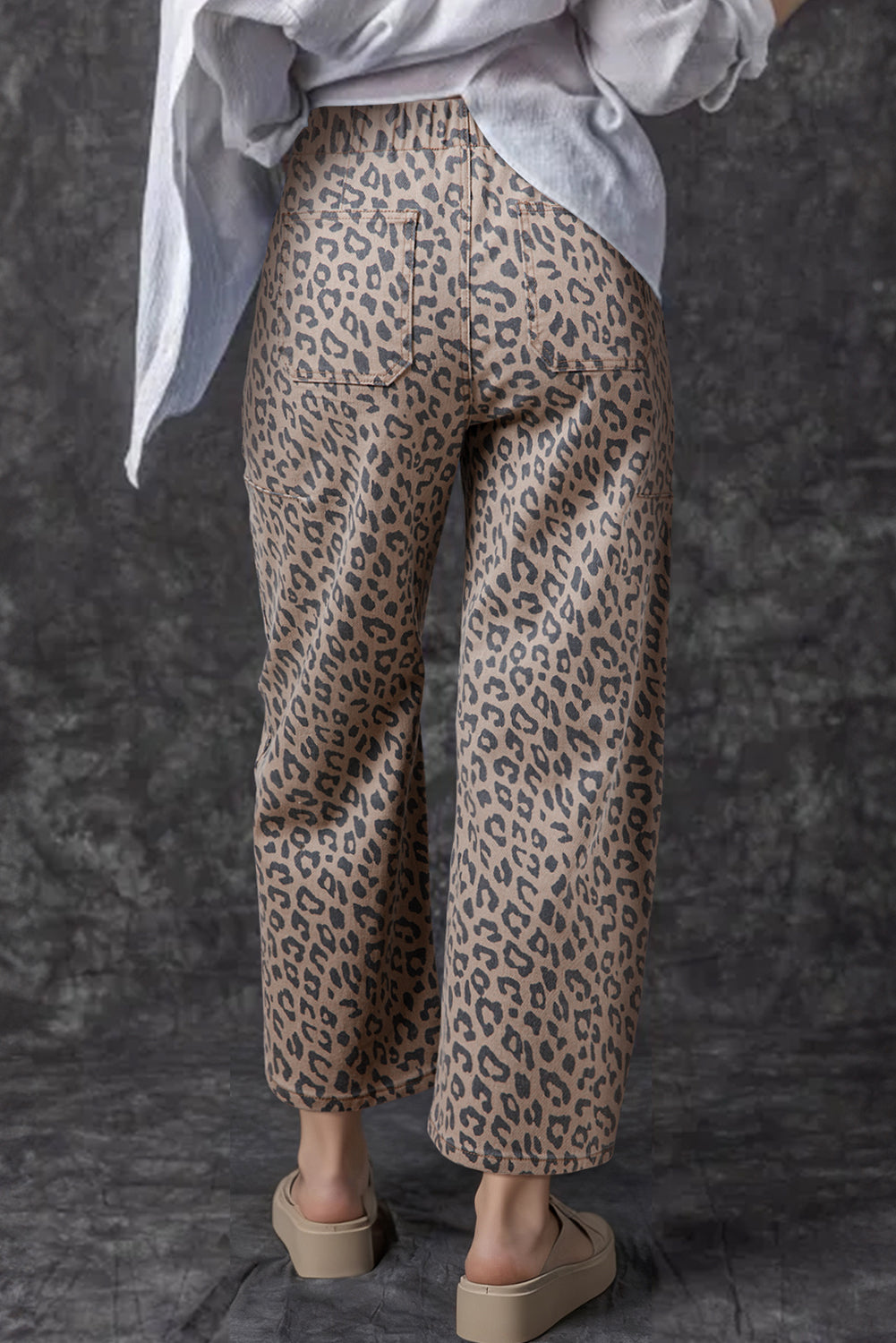 Khaki Leopard Printed Drawstring Waist Pocketed Wide Leg Jeans