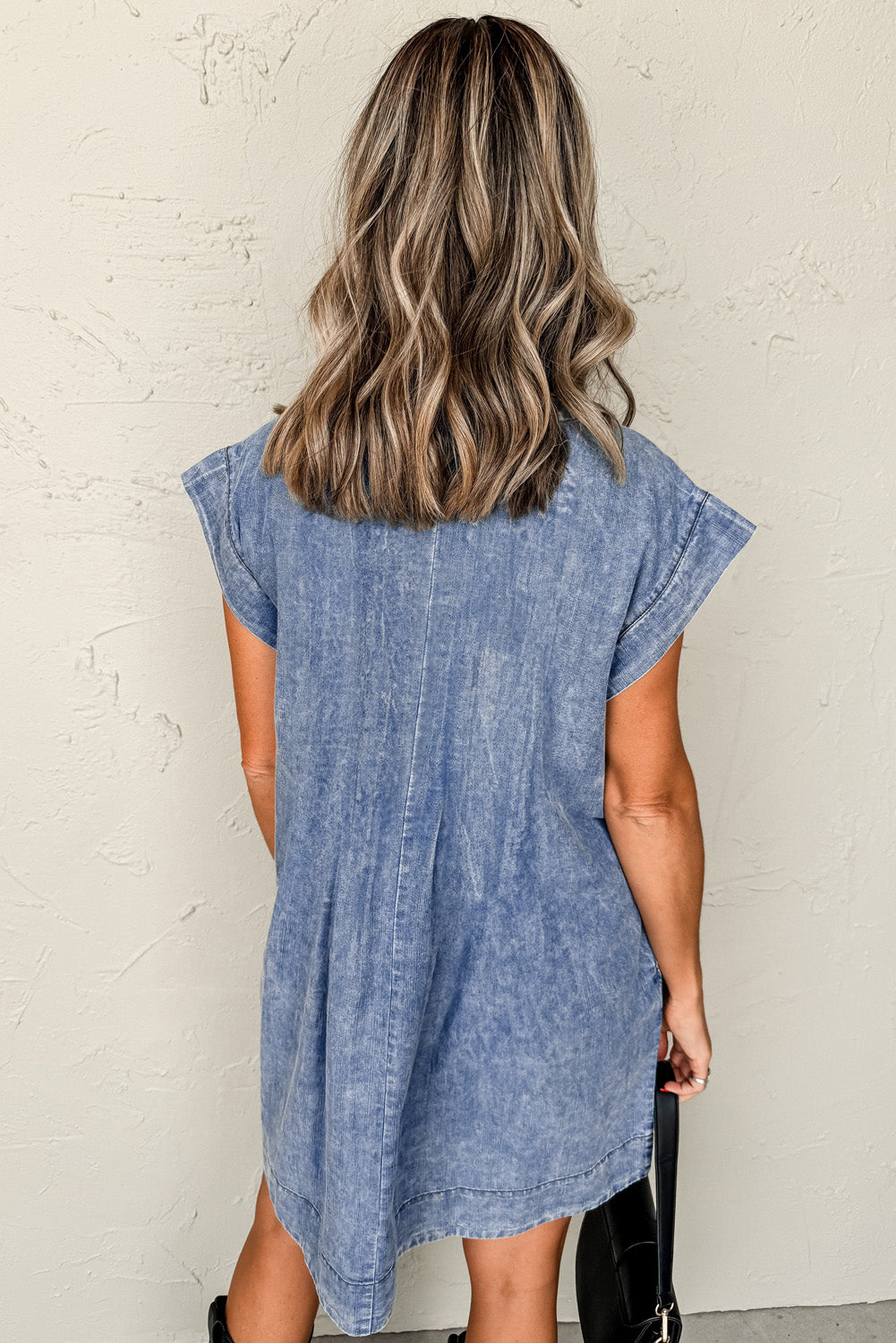 Beau Blue Tie V Neck Tucking Detail Short Sleeve Denim Shift Dress
