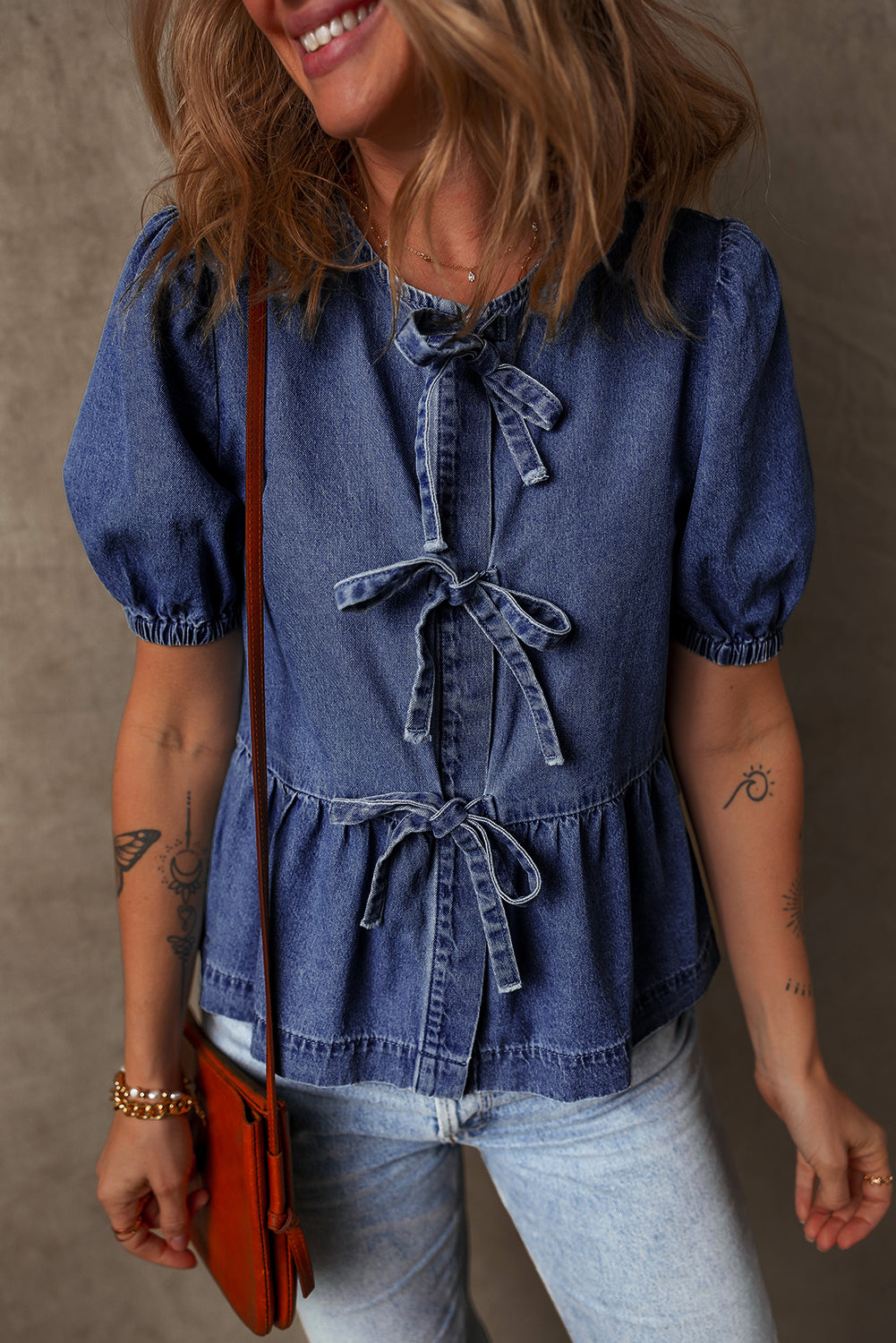 Dusk Blue Tied Front Bubble Sleeve Peplum Denim Shirt