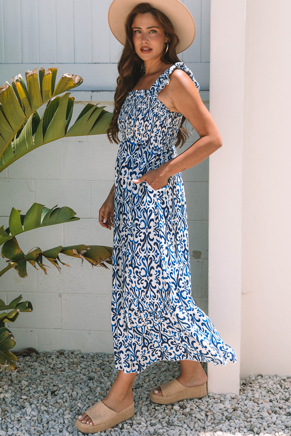 Sky Blue Boho Print Smocked High Waist Maxi Dress