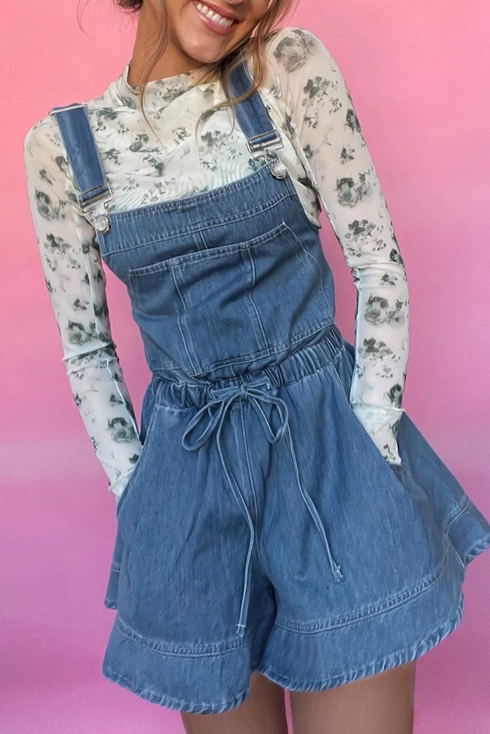 Sky Blue Buckle Straps Bib Style Drawstring Tied Backless Flared Denim Romper